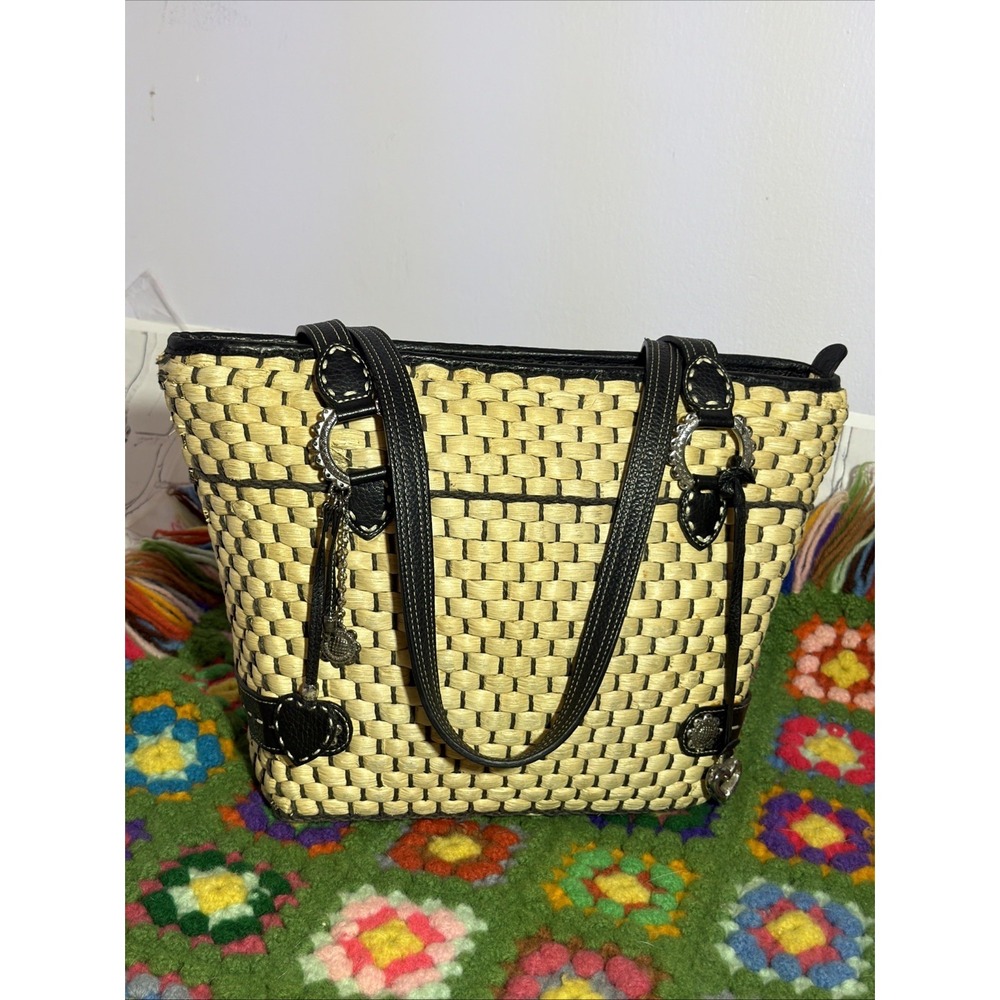 BRIGHTON Woven Straw & Black Leather Purse w/Heart Flowers Hangtag Double Handle